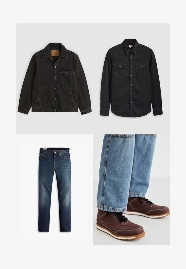 Schwarze Jeansjacke mit Kragen, vorderer Knopfleiste, einer Brusttasche mit Knopf und zwei Seitentaschen.; Schwarzes Jeanshemd mit durchgehender Knopfleiste, zwei Brusttaschen und spitzem Kragen mit sichtbaren Nahtdetails.; Dunkelblaue Jeans mit geradem Bein, fünf Taschen und Kupferbeschlägen. Ausgebleichte Stellen an den Beinen sorgen für einen Texturkontrast.; Braune Lederschuhe mit schwarzen Schnürsenkeln, weißer Naht und gummierter Sohle. Kombiniert mit hellblauen Denim-Jeans in leicht lockerer Passform.