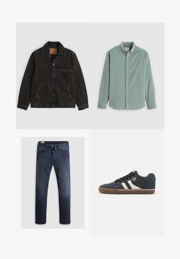 Veste en jean noire avec col, fermeture boutonnée à l'avant, une poche poitrine boutonnée et deux poches latérales.; Chemise vert clair à manches longues, boutonnée, avec col et poignets, présentée à plat sur fond blanc.; Jeans en denim bleu foncé avec une coupe droite, dotés d'un zip et de boutons en métal, ainsi que d'accents de rivets en cuivre. Texture lisse, sans motifs visibles.; Baskets en daim bleu foncé avec des rayures crème, lacets noirs et semelle en caoutchouc marron. Comprend un col rembourré et un logo sur le côté.