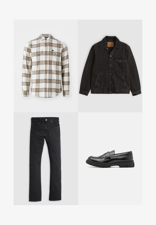 Must teksatagi kraega, eesotsas nööpidega kinnituv, üks nööpidega rinnatasku ja kaks küljetaskut.; Lee CLEAN WESTERN - Pluus - ecru ochre plaid; Mustad sirge lõikega teksapüksid, kahel esitaskul ja vööaasad nupu ja lukuga.; Musthave nahkast suss, millel on lai rihm üle vöö, kummitald paksude mustritega ning sile tekstuur. Klassikaline, elegantne disain.