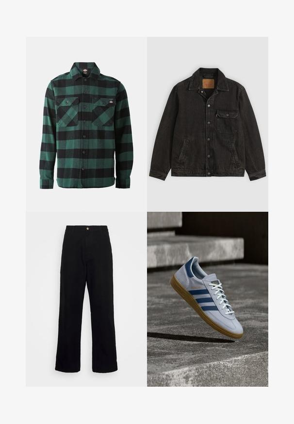 Schwarze Jeansjacke mit Kragen, vorderer Knopfleiste, einer Brusttasche mit Knopf und zwei Seitentaschen.; Grün-schwarz kariertes Flanellhemd mit langen Ärmeln, Knopfverschluss vorne, zwei Brusttaschen und einem klassischen Kragen. Weiche Textur, vielseitiges Design.; Schwarze Hosen aus schwerem Stoff mit geradem Beinschnitt, Fronttaschen, Reißverschluss und einem einzelnen metallischen Knopfverschluss.; Hellblauer Adidas Spezial Sneaker mit dunkelblauen Streifen und Gummisohle, in der Luft über Betontreppen in neutralem Außenbereich gezeigt.