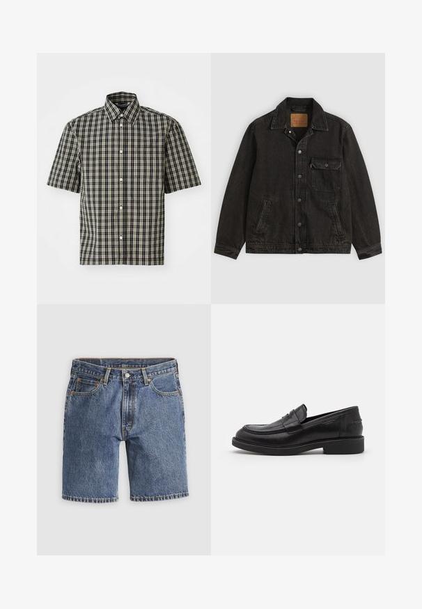 Veste en jean noire avec col, fermeture boutonnée à l'avant, une poche poitrine boutonnée et deux poches latérales.; Chemise à manches courtes en coton à carreaux noirs et beiges, dotée d'un col boutonné et d'une poche sur la poitrine gauche. Motif à carreaux classique sur l'ensemble.; Short en denim bleu longueur genou avec bouton avant, fermeture éclair, passants pour ceinture et design à cinq poches sur un fond clair uni.; Mocassins en cuir noir avec un bout arrondi, des coutures ton sur ton et un détail de sangle à l'avant. Semelle en caoutchouc avec un petit talon.