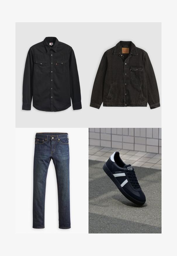 Veste en jean noire avec col, fermeture boutonnée à l'avant, une poche poitrine boutonnée et deux poches latérales.; Chemise en denim noir avec col boutonné, deux poches poitrine et un col pointu avec des détails de couture visibles.; Jean en denim bleu foncé avec une coupe droite, présentant une fermeture à bouton et des détails de couture orange. Texture lisse et sans motifs visibles.; Sneaker en cuir noir avec des rayures blanches, semelle en caoutchouc texturée et devant à lacets. Présente une étiquette de marque sur la languette.