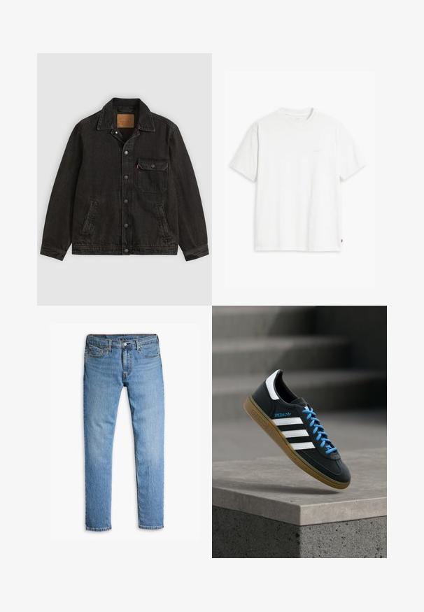 Zwarte spijkerjas met kraag, vooraan knoopsluiting, één knoopsluitende borstzak en twee zijzakken.; Wit katoenen T-shirt met korte mouwen, ronde hals en een subtiel "Levi's" logo in een lichte kleur op de voorkant gedrukt.; Lichtblauwe denim jeans met een recht-toe-rechtaan ontwerp, vijf zakken, zichtbare stiksels en een knoopsluiting bij de taille.; Zwarte Adidas-sneaker met witte strepen, blauwe veters en een gumzool die boven een grijze betonnen trede zweeft in zacht licht.