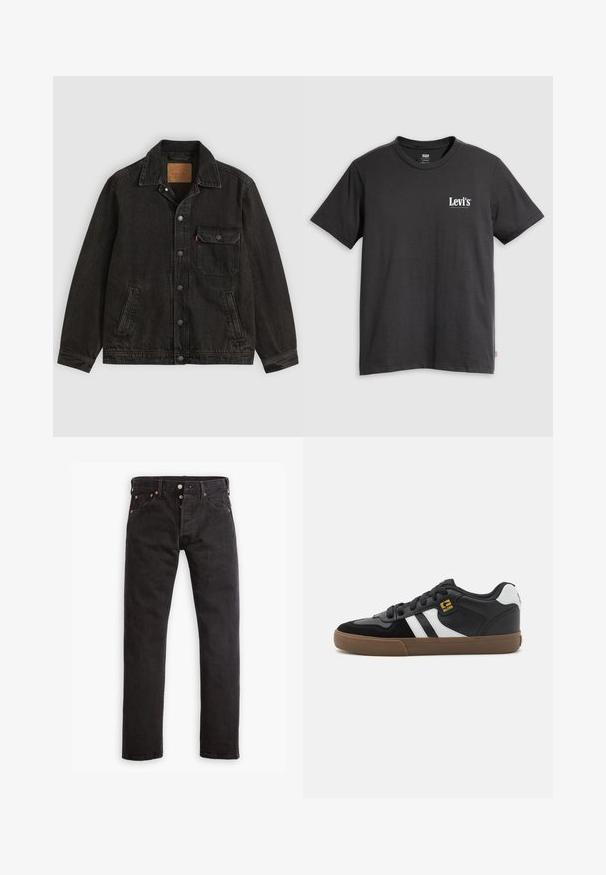 Sort denimjakke med krave, forreste knaplukning, en brystlomme med knap og to sidelommer.; Sort bomulds-T-shirt med korte ærmer, rund hals og hvid "Levi's"-logo trykt på venstre bryst. Blød tekstur, afslappet pasform.; Sorte slim-fit jeans med knapåbning, fem lommer og kobbernitter liggende fladt på en hvid baggrund.; Sorte og hvide sneakers med overdel i ruskind og læder, der har hvide striber, sorte snørebånd og en brun gummisål. Guld logo detaljer.