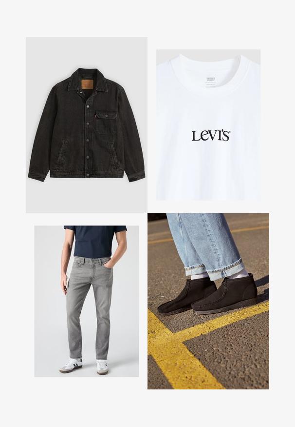 Sort denimjakke med krave, forreste knaplukning, en brystlomme med knap og to sidelommer.; Hvid Levi's T-shirt med sort Levi's-logo centreret på brystet og en rund halsudskæring synlig øverst.; Mand iført grå slim-fit jeans, hvide sneakers med sorte striber og en mørkeblå kortærmet skjorte, står med den ene hånd i lommen.; Sorte suede ankelstøvler med en glat overflade, buet tå og syede detaljer. Kombination med lyseblå buksere jeans med opfoldede manchetter og hvide sokker.