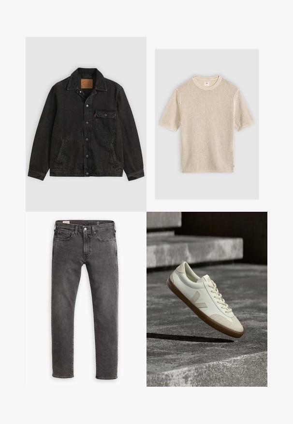 Sort denimjakke med krave, forreste knaplukning, en brystlomme med knap og to sidelommer.; Beige kortærmet striktrøje med rund halsudskæring og tekstureret åbent vævet mønster, lagt fladt på en lys baggrund.; Grå denimjeans med lige pasform, fem-lomme design og knaplukning. Har subtil falmning og tonalt syning over hele. ; Hvide læder sneakers med tanfarvet gummisål, flade snørebånd og V-formet detalje på siden. Har en glat overflade og minimale syninger.
