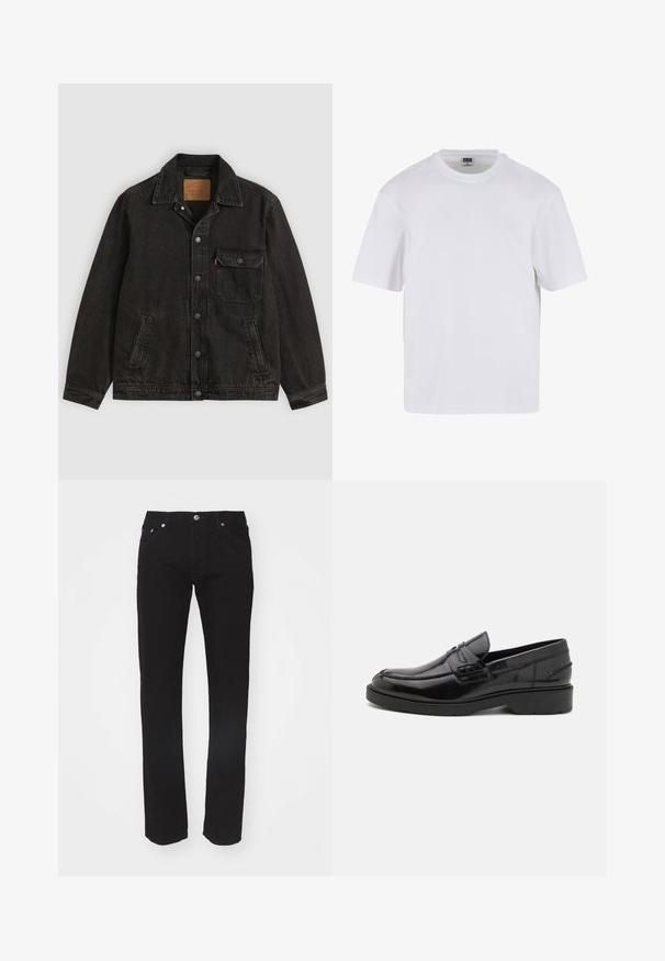 Veste en jean noire avec col, fermeture boutonnée à l'avant, une poche poitrine boutonnée et deux poches latérales.; T-shirt blanc à manches courtes en coton. Il présente un col rond et une coupe décontractée. Texture lisse, design minimaliste, sans motifs ni accents.; Jean en denim noir avec une coupe droite, design à cinq poches et fermeture à bouton métallique à la taille. Texture lisse, sans motifs visibles.; Mocassins en cuir noir avec une finition lisse, un bout rond, un petit talon et descoutures décoratives à l'avant. Semelle en caoutchouc pour l'adhérence.