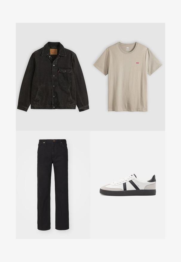 Schwarze Jeansjacke mit Kragen, vorderer Knopfleiste, einer Brusttasche mit Knopf und zwei Seitentaschen.; Beiges Baumwoll-T-Shirt mit kurzen Ärmeln, rundem Halsausschnitt und kleinem rotem Levi's-Logo auf der linken Brust. Glatte Textur, lässiges Design.; Schwarze Straight-Leg-Denim-Jeans mit vorderen Taschen, Gürtelschlaufen und Knopfverschluss auf schlichtem Hintergrund.; Weiße Sneaker mit schwarz- und grau-aczenten, ausgestattet mit einer strukturierten grauen Zehenkappe, schwarzer Gummi-Sohle und flachen weißen Schnürsenkeln. Sauberes Design, minimalistische Stil.