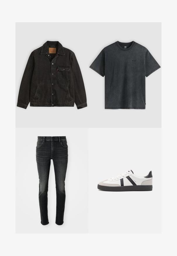 Zwarte spijkerjas met kraag, vooraan knoopsluiting, één knoopsluitende borstzak en twee zijzakken.; Zwart gewassen katoenen T-shirt met korte mouwen, ronde hals en klein Levi’s-logo op de linkerborst.; Donkergrijze, high-waisted skinny jeans met een vervaagde look. Bevat vijf zakken, riemlussen en een klassieke knoopsluiting.; Witte sneaker met zwarte en grijze accenten, voorzien van een grijze neus met textuur, zwarte rubberen zool en platte witte veters. Schoon ontwerp, minimalistische stijl.