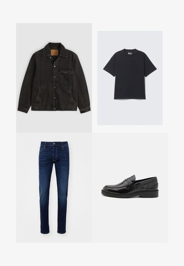 Chaqueta vaquera negra con cuello, cierre frontal de botones, un bolsillo en el pecho con botón y dos bolsillos laterales.; Camiseta de algodón negra con cuello redondo clásico, mangas cortas y un ajuste relajado. Textura suave con detalles de costura mínimos.; Jeans de mezclilla ajustados en azul oscuro, con botón frontal, bolsillos, pasadores para cinturón y sutiles detalles de desvanecimiento en las piernas.; Mocasines de cuero negro con un acabado suave, punta redondeada, tacón bajo y costura decorativa en la parte delantera. Suela de goma para mayor agarre.