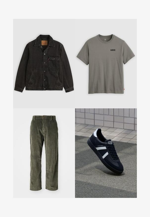 Zwarte spijkerjas met kraag, vooraan knoopsluiting, één knoopsluitende borstzak en twee zijzakken.; Groen Levi's T-shirt met korte mouwen en ronde hals, met zwart logo op de linkerborst en een klein rood label aan de linkernaad.; Olijfgroene corduroy broek met verticale ribbels, voorzien van een knoopsluiting en een rechte pijp. Zachte textuur met een klassieke pasvorm.; Zwarte leren sneaker met witte strepen, een gestructureerde rubberen zool en vetersluiting aan de voorkant. Voorzien van een merklabel op de tong.
