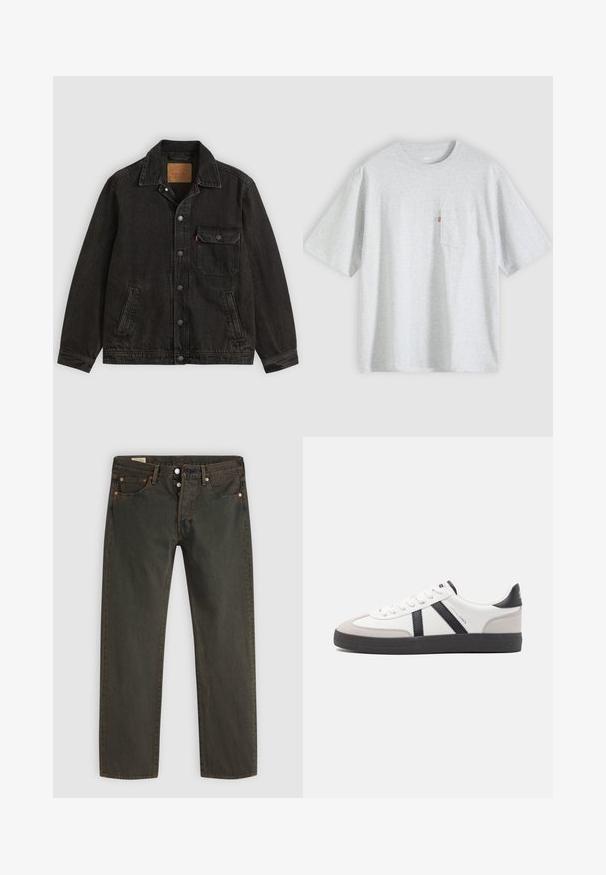 Veste en jean noire avec col, fermeture boutonnée à l'avant, une poche poitrine boutonnée et deux poches latérales.; T-shirt gris clair à manches courtes avec un col rond et une petite poche poitrine sur le côté gauche avec une étiquette rouge.; Jean en denim vert foncé, avec une coupe droite, cinq poches, des éléments en métal cuivre et un léger délavage.; Baskets blanches avec des accents noirs et gris, présentant un embout texturé gris, une semelle en caoutchouc noir et des lacets plats blancs. Design épuré, style minimaliste.