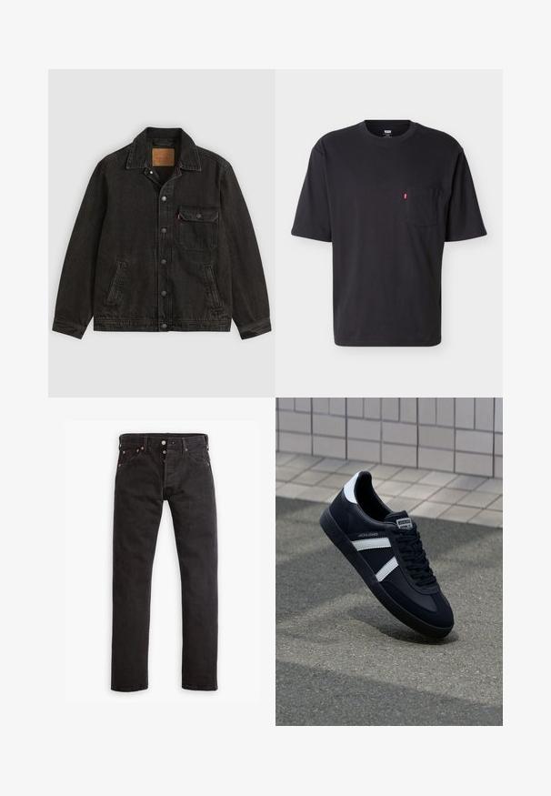 Zwarte spijkerjas met kraag, vooraan knoopsluiting, één knoopsluitende borstzak en twee zijzakken.; Zwart T-shirt met korte mouwen en ronde hals, voorzien van een borstzakje met een klein rood Levi's logo tabje op het zakje, tegen een effen lichte achtergrond.; Zwarte slim-fit jeans met knoopsluiting, vijf zakken en koperen klinknagels, plat gelegd op een witte achtergrond.; Zwarte leren sneaker met witte strepen, een gestructureerde rubberen zool en vetersluiting aan de voorkant. Voorzien van een merklabel op de tong.