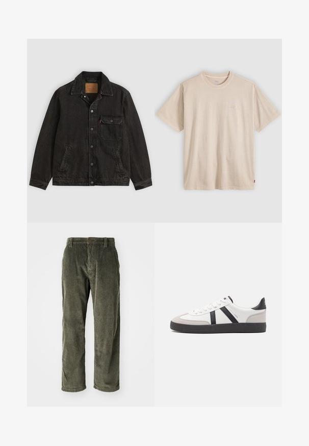 Chaqueta vaquera negra con cuello, cierre frontal de botones, un bolsillo en el pecho con botón y dos bolsillos laterales.; Camiseta beige de manga corta con cuello redondo, con un sutil logo de Levi’s en el pecho y una pequeña etiqueta roja en la costura lateral.; Pantalones de pana color verde oliva con acanalado vertical, que presentan un cierre de botón y un diseño de pierna recta. Textura suave con un ajuste clásico.; Zapatilla blanca con acentos en negro y gris, que presenta una puntera texturizada en gris, suela de goma negra y cordones planos blancos. Diseño limpio, estilo minimalista.