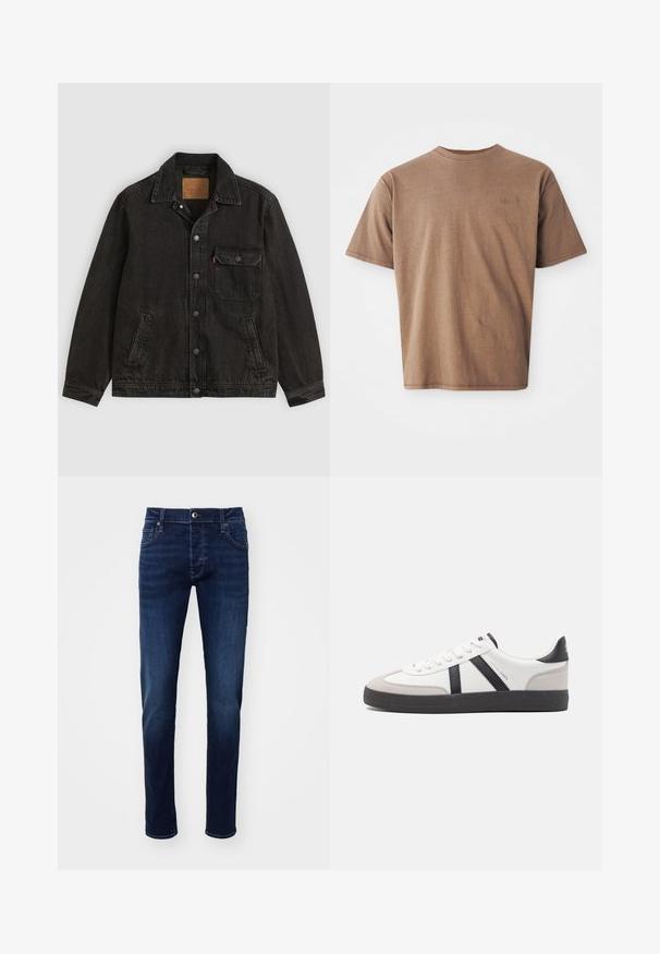 Veste en jean noire avec col, fermeture boutonnée à l'avant, une poche poitrine boutonnée et deux poches latérales.; T-shirt en coton marron avec un col rond, des manches courtes et un logo brodé discret sur le côté gauche de la poitrine. Texture lisse, coupe décontractée.; Jeans en denim slim-fit bleu foncé avec bouton avant, poches, passants de ceinture et détails de décoloration subtils sur les jambes.; Baskets blanches avec des accents noirs et gris, présentant un embout texturé gris, une semelle en caoutchouc noir et des lacets plats blancs. Design épuré, style minimaliste.