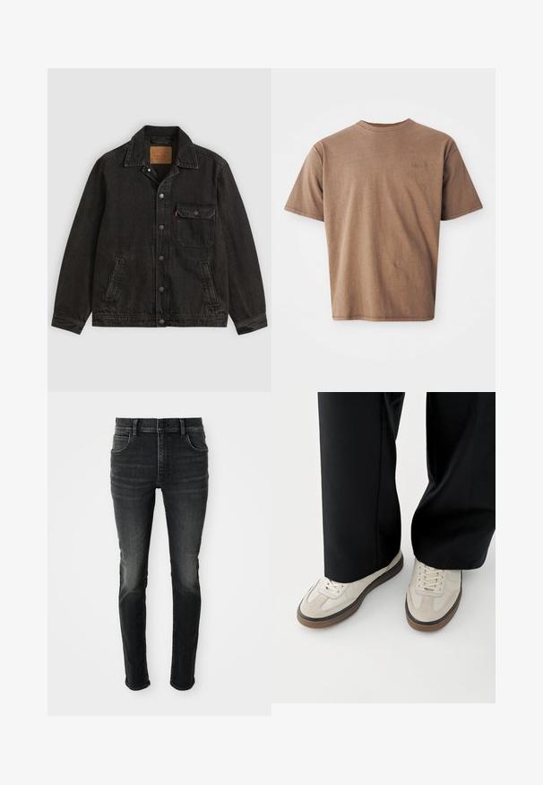 Veste en jean noire avec col, fermeture boutonnée à l'avant, une poche poitrine boutonnée et deux poches latérales.; T-shirt en coton marron avec un col rond, des manches courtes et un logo brodé discret sur le côté gauche de la poitrine. Texture lisse, coupe décontractée.; Jean skinny taille haute gris foncé avec un aspect délavé. Comprend cinq poches, des passants de ceinture et une fermeture classique à bouton.; Pieds portant des baskets beige avec des semelles marron et un pantalon noir à jambes larges sur fond blanc.
