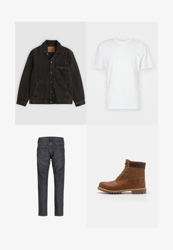 Schwarze Jeansjacke mit Kragen, vorderer Knopfleiste, einer Brusttasche mit Knopf und zwei Seitentaschen.; Weißes Baumwoll-T-Shirt mit kurzen Ärmeln, Rundhalsausschnitt und glatter Textur. Einfaches Design ohne Muster oder Grafiken.; Rückansicht einer dunkelgrauen Jeans aus Denim mit zwei Gesäßtaschen, Gürtelschlaufen und geradem Bein.; Braune Lederwanderschuhe mit glatter Oberfläche, gepolstertem Knöchel, Metallösen und einer Gummisohle mit robustem Profil.