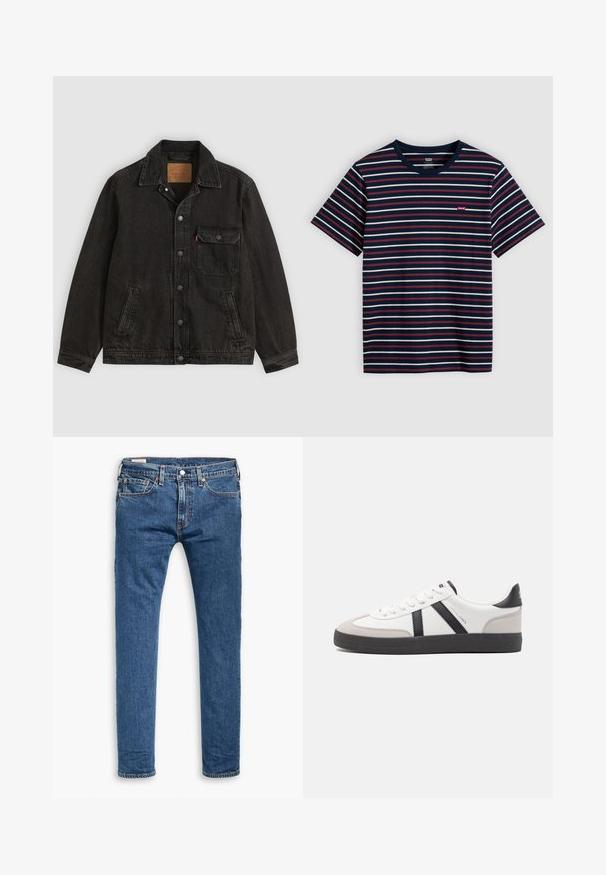 Veste en jean noire avec col, fermeture boutonnée à l'avant, une poche poitrine boutonnée et deux poches latérales.; T-shirt bleu marine à manches courtes avec des rayures horizontales blanches et rouges ainsi qu'un petit logo Levi's rouge sur la poitrine.; Jeans slim fit en denim bleu avec cinq poches, bouton avant et passants de ceinture, présentés à plat sur un fond blanc.; Baskets blanches avec des accents noirs et gris, présentant un embout texturé gris, une semelle en caoutchouc noir et des lacets plats blancs. Design épuré, style minimaliste.