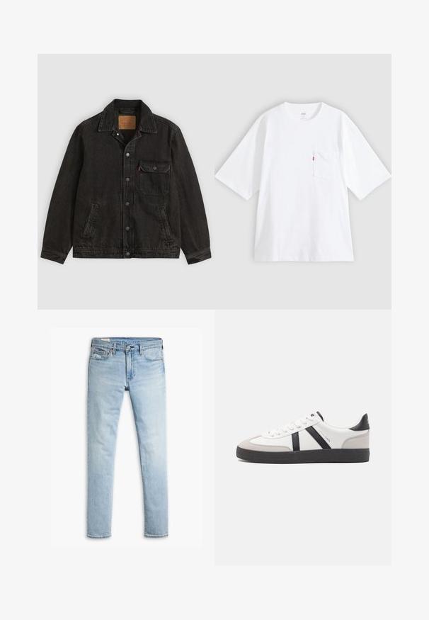 Veste en jean noire avec col, fermeture boutonnée à l'avant, une poche poitrine boutonnée et deux poches latérales.; T-shirt en coton blanc à manches courtes, col rond et poche poitrine gauche. Comprend une petite étiquette logo rouge sur la poche.; Jeans en denim slim-fit bleu clair avec fermeture à bouton et fermeture éclair, poches avant et passants de ceinture sur fond blanc.; Baskets blanches avec des accents noirs et gris, présentant un embout texturé gris, une semelle en caoutchouc noir et des lacets plats blancs. Design épuré, style minimaliste.