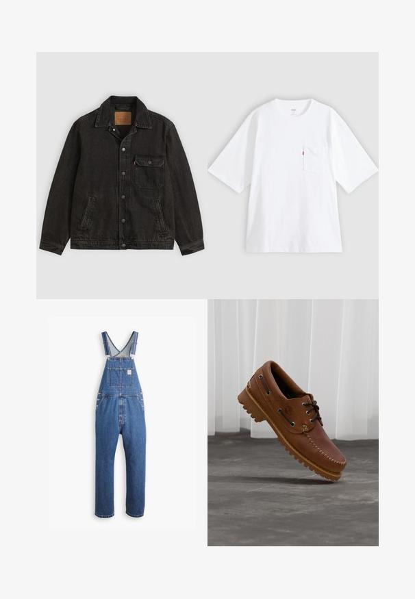 Sort denimjakke med krave, forreste knaplukning, en brystlomme med knap og to sidelommer.; Hvid bomulds-T-shirt med korte ærmer, rund hals og lomme på venstre bryst. Har en lille rød logoetiket på lommen.; Denim overalls i mellemblå, med justerbare stropper, en frontlomme og metalbeslag, i en afslappet pasform og lige ben-design.; Brun læder bådsko med sorte snørebånd, beige syninger og en robust sål, hængende over en grå betongulv.