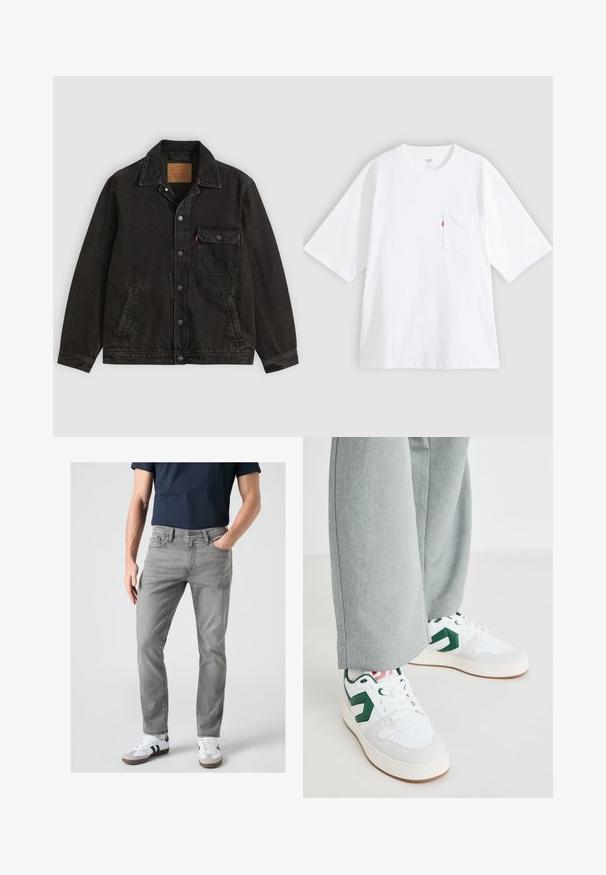 Schwarze Jeansjacke mit Kragen, vorderer Knopfleiste, einer Brusttasche mit Knopf und zwei Seitentaschen.; Weißes Baumwoll-T-Shirt mit kurzen Ärmeln, rundem Ausschnitt und Brusttasche auf der linken Seite. Mit kleinem rotem Logotag an der Tasche.; Mann trägt graue Slim-Fit-Jeans, weiße Sneaker mit schwarzen Streifen und ein dunkelblaues kurzärmeliges Hemd, steht mit einer Hand in der Tasche.; Weiße und grüne Sneakers aus glattem Leder und Wildleder, mit einem auffälligen grünen Logo-Akzent und weißen Schnürsenkeln. Graue Hosen sind teilweise sichtbar.
