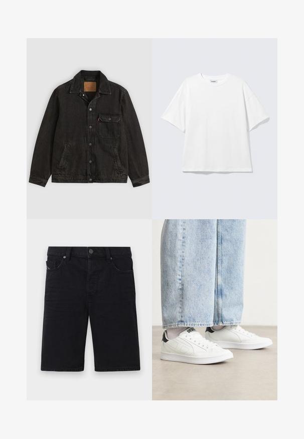 Sort denimjakke med krave, forreste knaplukning, en brystlomme med knap og to sidelommer.; Hvid oversized t-shirt med korte ærmer og rund halsudskæring med sænkede skuldre, fladt lagt på lys grå baggrund.; Sorte denim shorts med lige snit, fem lommer, metal detaljer og synlige søm. Blød tekstur og enkelt design.; Hvide sneakers med en glat lædertekstur, sorte hæl detaljer og perforerede elementer. Sammen med lyseblå bukser med vide ben i denim.