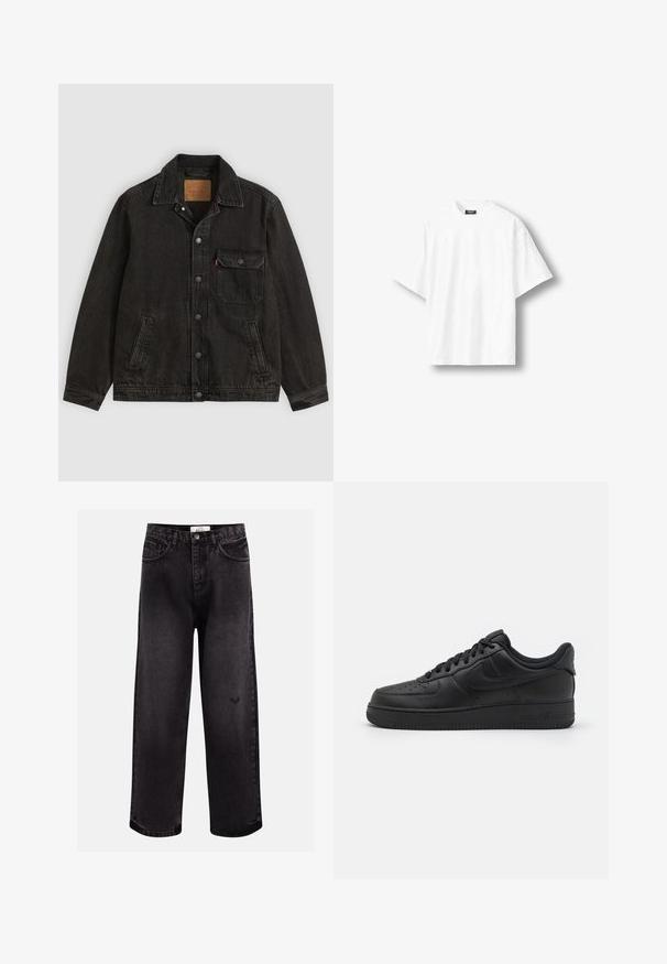 Sort denimjakke med krave, forreste knaplukning, en brystlomme med knap og to sidelommer.; Hvid, kortærmet oversize T-shirt med rund hals og sort label på indersiden af nakkekanten, vist på en lys baggrund.; Sorte denim jeans med bred benpasform, der har fem lommer, en syet talje og en diskret logodetalje nær knæet.; Nike Sportswear AIR FORCE 1 07 FLYEASE - Sneakers - black
