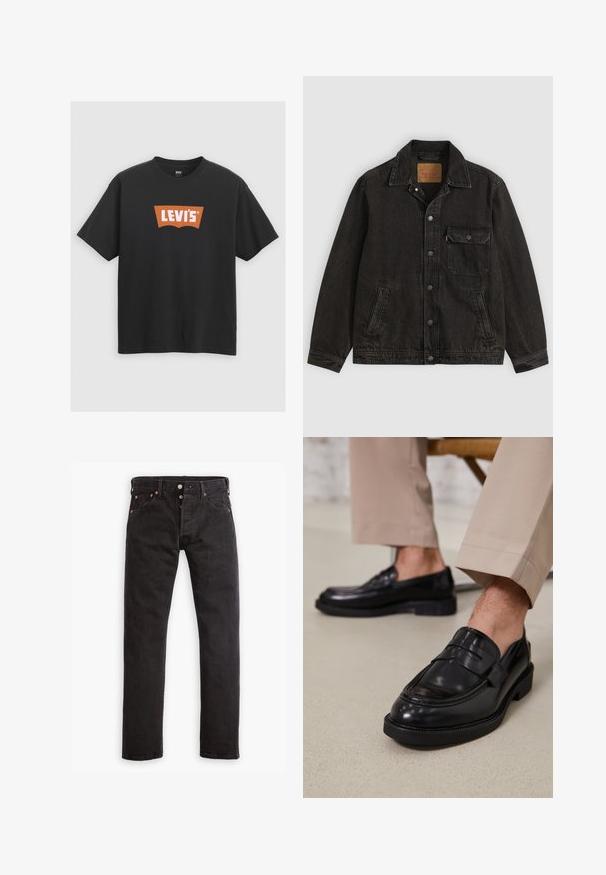 Chaqueta vaquera negra con cuello, cierre frontal de botones, un bolsillo en el pecho con botón y dos bolsillos laterales.; Camiseta de algodón negra con un gran logo naranja de Levi's en la parte delantera, mangas cortas y diseño de cuello redondo.; Jeans ajustados negros con cierre de botones, cinco bolsillos y remaches de cobre, dispuestos sobre un fondo blanco.; Mocasines de cuero negro con un acabado suave, que cuentan con una correa decorativa y costuras en contraste, combinados con pantalones beiges.