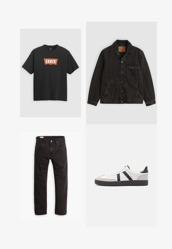 Must teksatagi kraega, eesotsas nööpidega kinnituv, üks nööpidega rinnatasku ja kaks küljetaskut.; Must noirest T-särk, millel on ees suur oranž Levi's logo, lühikesed varrukad ja ümar kaelus.; Mustadest denimist püksid sirge lõikega, klassikalise viie taskuga disainiga, diskreetse õmblusega ja metallnööriga sulgemisega.; Valged tossud mustade ja hallide aktsentidega, tekstureeritud halli varbakattega, musta kummitald ja lamedad valged paelad. Puhtad jooned, minimalistlik stiil.