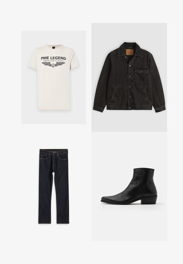 Sort denimjakke med krave, forreste knaplukning, en brystlomme med knap og to sidelommer.; Kraftig cremefarvet bomulds t-shirt med et mørkt print, der står "PME LEGEND AMERICAN CLASSIC" med vingegrafik under teksten.; Mørkeblå lige ben denim jeans med forlommer, bæltestropper og kontrast orange syninger, lagt fladt på hvid baggrund.; Sort læder ankelstøvle med spids tå, minimale syninger, en mellem-høj blokhælt og en glat, poleret finish.
