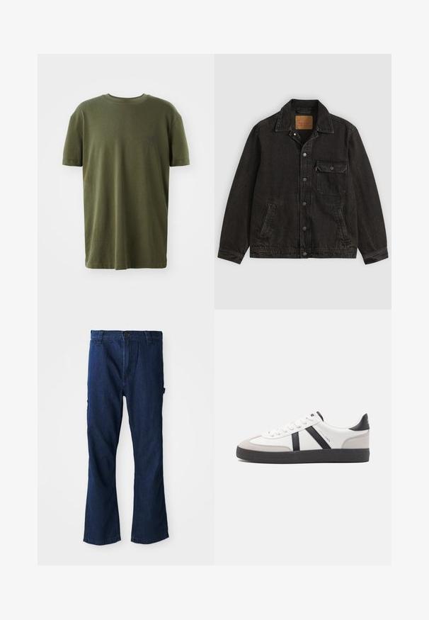 Veste en jean noire avec col, fermeture boutonnée à l'avant, une poche poitrine boutonnée et deux poches latérales.; T-shirt vert olive en coton, à manches courtes, col rond, avec un petit logo imprimé en bleu foncé sur la poitrine gauche.; Jean en denim bleu avec une coupe droite, fermeture à bouton et deux poches latérales, légèrement décolorés.; Baskets blanches avec des accents noirs et gris, présentant un embout texturé gris, une semelle en caoutchouc noir et des lacets plats blancs. Design épuré, style minimaliste.