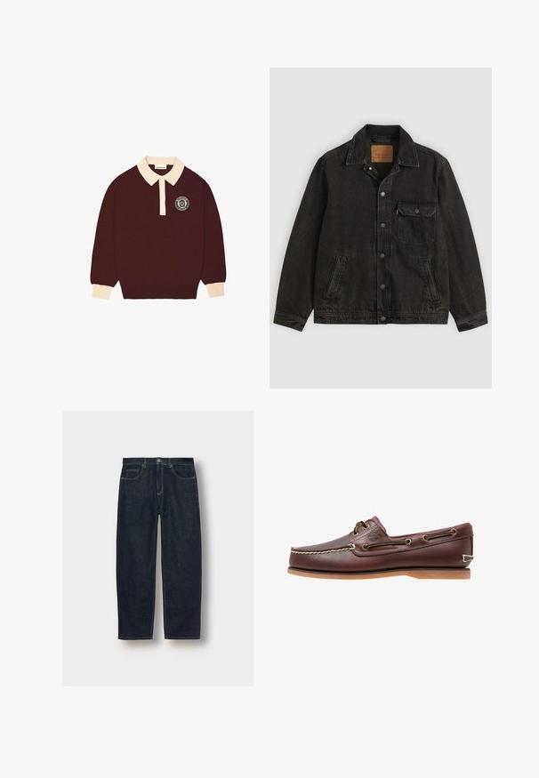 Zwarte spijkerjas met kraag, vooraan knoopsluiting, één knoopsluitende borstzak en twee zijzakken.; Bordeaux lange mouwen polo shirt met een crèmekleurige kraag en manchet, knoopsluiting en een cirkelvormig "Prohibited Berlin" logo op de linkerkant van de borst.; Donkerblauwe denim jeans met een losse pasvorm, vijf zakken en contrasterende stiksel. Voorzien van een knoop- en ritssluiting. Gladde textuur.; Bruine leren bootschoen met witte stiksels, veterdetails en beige rubberen zool, zijaanzicht op een witte achtergrond.