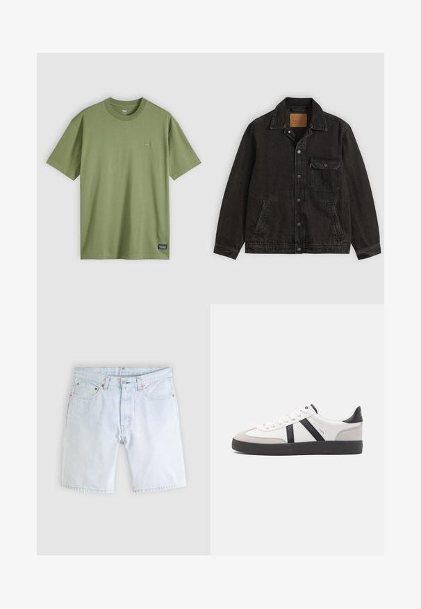 Veste en jean noire avec col, fermeture boutonnée à l'avant, une poche poitrine boutonnée et deux poches latérales.; T-shirt en coton vert olive avec un col rond et des manches courtes. Comprend un petit patch logo discret sur la poitrine et une étiquette de marque tissée à l'ourlet.; Short en jean bleu clair avec bouton sur le devant, fermeture éclair, cinq poches et passants de ceinture sur un fond gris clair uni.; Baskets blanches avec des accents noirs et gris, présentant un embout texturé gris, une semelle en caoutchouc noir et des lacets plats blancs. Design épuré, style minimaliste.