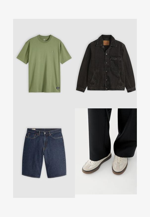 Zwarte spijkerjas met kraag, vooraan knoopsluiting, één knoopsluitende borstzak en twee zijzakken.; Olijfgroene katoenen T-shirt met een ronde hals en korte mouwen. Bevat een klein, subtiel logo-opdracht op de borst en een geweven merklabel aan de zoom.; Donkerblauwe denim shorts met een klassiek ontwerp, voorzien van vijf zakken, gestikte naden, een knoopsluiting en gebogen achterzakken.; Voeten met beige sneakers met bruine zolen en zwarte wijde broekspijpen op een witte achtergrond.