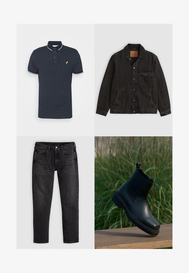 Chaqueta vaquera negra con cuello, cierre frontal de botones, un bolsillo en el pecho con botón y dos bolsillos laterales.; Polo navy con un pequeño patrón de puntos blancos, mangas cortas, acentos blancos en el cuello y los puños, y un logo amarillo en el pecho.; Vaqueros negros ajustados de denim con cinco bolsillos, trabillas para cinturón y cierre frontal con botón y cremallera, extendidos sobre un fondo claro.; Botín Chelsea de piel negra con lados elásticos, punta redondeada, tacón bajo y una lengüeta en la parte posterior, sobre un fondo verde difuminado.