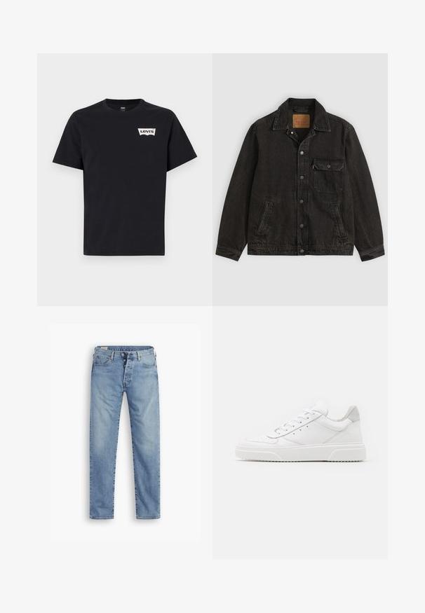 Schwarze Jeansjacke mit Kragen, vorderer Knopfleiste, einer Brusttasche mit Knopf und zwei Seitentaschen.; Schwarzes Baumwoll-T-Shirt mit kurzen Ärmeln, Rundhalsausschnitt und einem kleinen weißen Levi's-Logo auf der linken Vorderseite.; Hellblaue Denim-Jeans mit geradem Schnitt. Sie verfügen über einen Knopfverschluss, fünf Taschen und eine leicht verwaschene Textur.; Weiße Leder-Sneaker mit glatter Oberfläche, rundem Zehenbereich, flachen Schnürsenkeln und strukturiertem Schuhsohlen. Graues Wildleder-Detail an der Ferse.