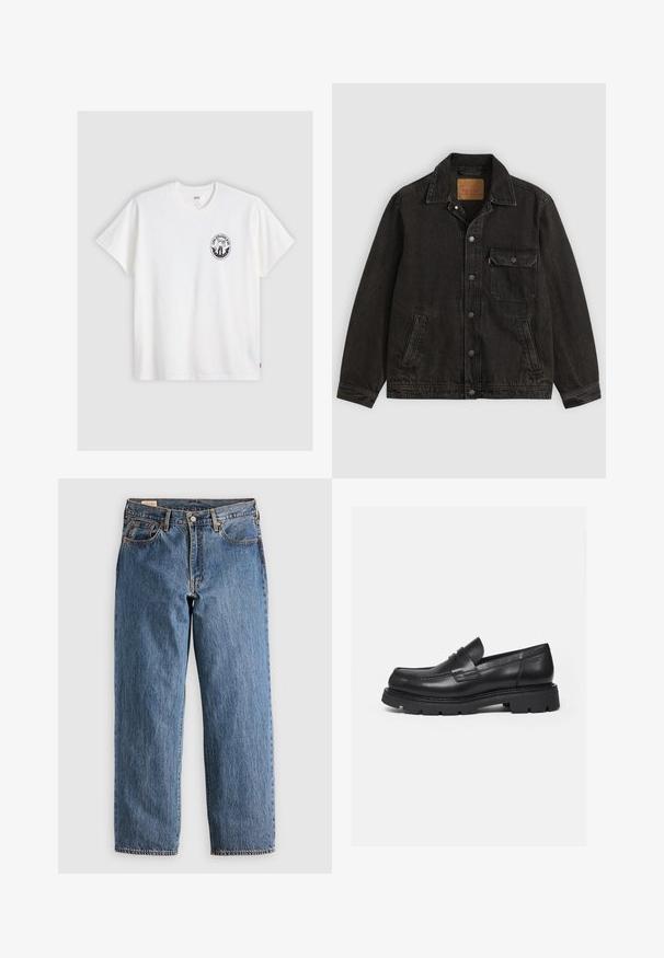 Schwarze Jeansjacke mit Kragen, vorderer Knopfleiste, einer Brusttasche mit Knopf und zwei Seitentaschen.; Weißes Baumwoll-T-Shirt mit kurzen Ärmeln, Rundhalsausschnitt und einem schwarzen runden Logo auf der linken Brust, das ein stilisiertes Design zeigt.; Blaue Jeans aus Denim mit geradem Schnitt, hohem Bund, kupfernen Nieten und orangefarbener Naht. Mit Vorder- und Hintertaschen.; Schwarzer Lederloafer mit dicker, profilierter Sohle und Pennyriemen-Detail, von der rechten Seitenansicht auf weißem Hintergrund gezeigt.