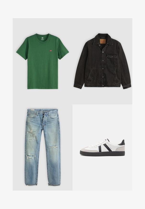 Chaqueta vaquera negra con cuello, cierre frontal de botones, un bolsillo en el pecho con botón y dos bolsillos laterales.; Camiseta de algodón verde con cuello redondo, mangas cortas y un pequeño logo rojo de Levi's en el lado izquierdo del pecho. Textura suave, corte estándar.; Jeans de mezclilla azul claro con detalles desgastados, presentando desgarros en la parte frontal, diseño de cinco bolsillos y corte recto.; Zapatilla blanca con acentos en negro y gris, que presenta una puntera texturizada en gris, suela de goma negra y cordones planos blancos. Diseño limpio, estilo minimalista.