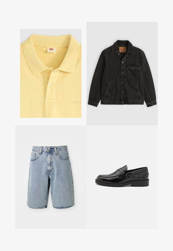 Chaqueta vaquera negra con cuello, cierre frontal de botones, un bolsillo en el pecho con botón y dos bolsillos laterales.; Levi's® Polo - acacius stripe egret; Pantalones cortos de mezclilla celeste con cintura alta, corte recto, dobladillo deshilachado, cinco bolsillos y cierre de botón. Textura desgastada visible.; Mocasines de cuero negro con un acabado suave, punta redondeada, tacón bajo y costura decorativa en la parte delantera. Suela de goma para mayor agarre.