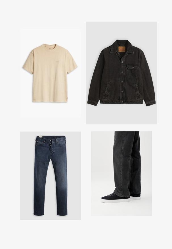 Sort denimjakke med krave, forreste knaplukning, en brystlomme med knap og to sidelommer.; Beige bomulds t-shirt med rund hals og korte ærmer. Har et subtilt "Levi's" logo i samme farve på brystet. Blød tekstur.; Mørkeblue denimjeans med lige ben, der har lynlås i fly, metalknapper og kobbernitter. Glat tekstur, ingen synlige mønstre.; Sorte denimjeans med afslappet pasform, parret med marineblå ruskindssneakers med hvide gummisåler og sorte snørebånd. Simpelt og moderne design.