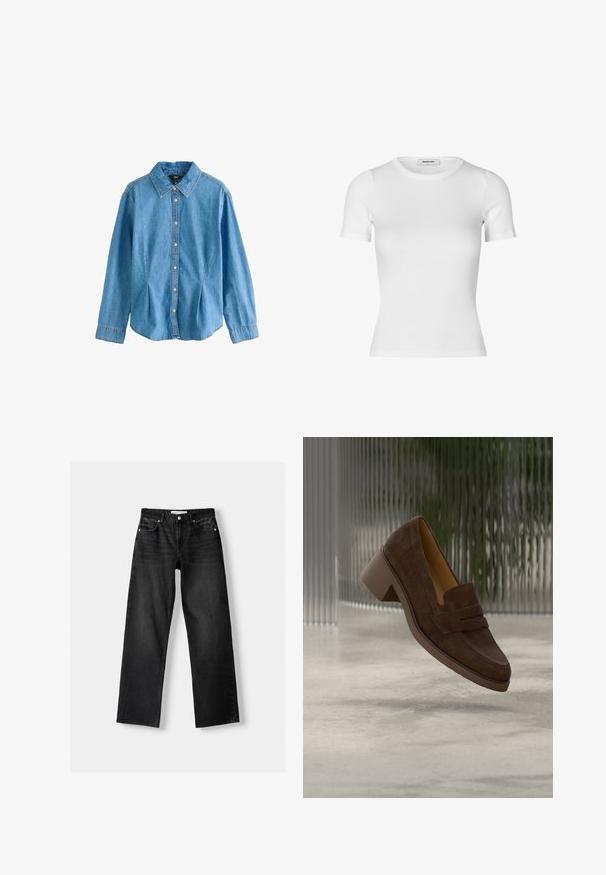 Hellblaues Denim-Hemd mit klassischem Kragen, Knopfleiste und langen Ärmeln, die einen abgerundeten Saum und gefältelte Akzente aufweisen.; Weißes T-Shirt mit kurzen Ärmeln aus geripptem Material. Verfügt über einen Rundhalsausschnitt und eine figurbetonte Silhouette. Glatte Textur ohne Muster.; Bershka Jeans Straight Leg - mottled dark grey; Brauner Wildleder-Loafer mit niedrigem Blockabsatz, schwebend über einem hellgrauen Boden, vor einem Hintergrund mit Glasplatten.