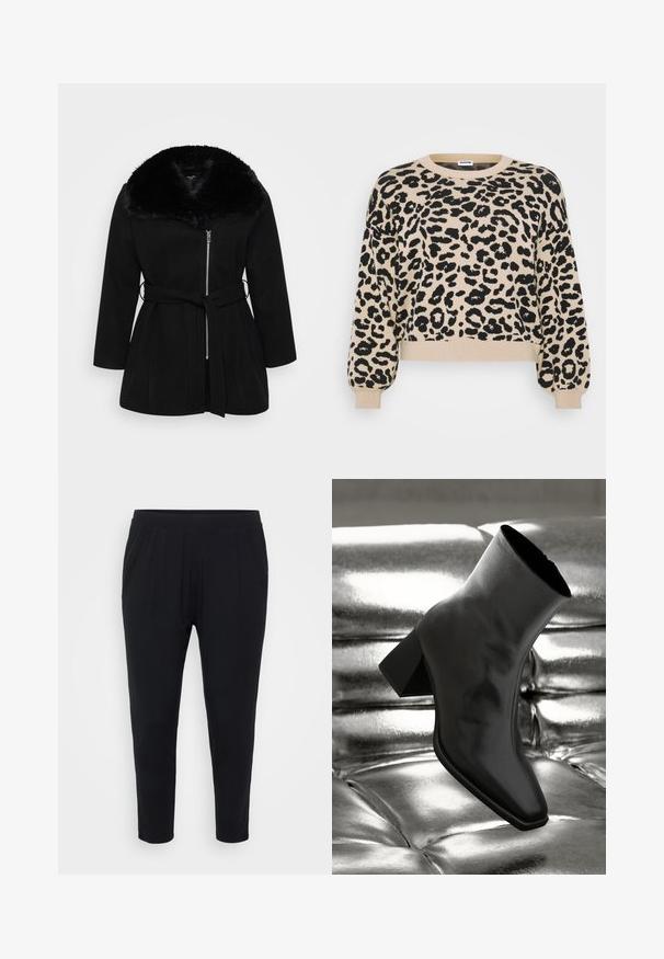 Sort peacoat med en faux fur krave, lynlås lukning foran, lange ærmer og et bælte i taljen. Blød tekstur og skræddersyet pasform.; Beige strikket sweater med sort leopardprint, rund hals, sænkede skuldre samt ribbede manchetter og hæm. Casual, afslappet pasform.; Sorte bukser med en afslappet pasform, elastisk talje og diskrete plader. Fremstillet af et blødt materiale, med tætsiddende ben og uden lommer.; Sorte ankelstøvler lavet af glossy materiale med firkantet tå og spidse hæle, sat mod en skinnende sølv tuftet baggrund.