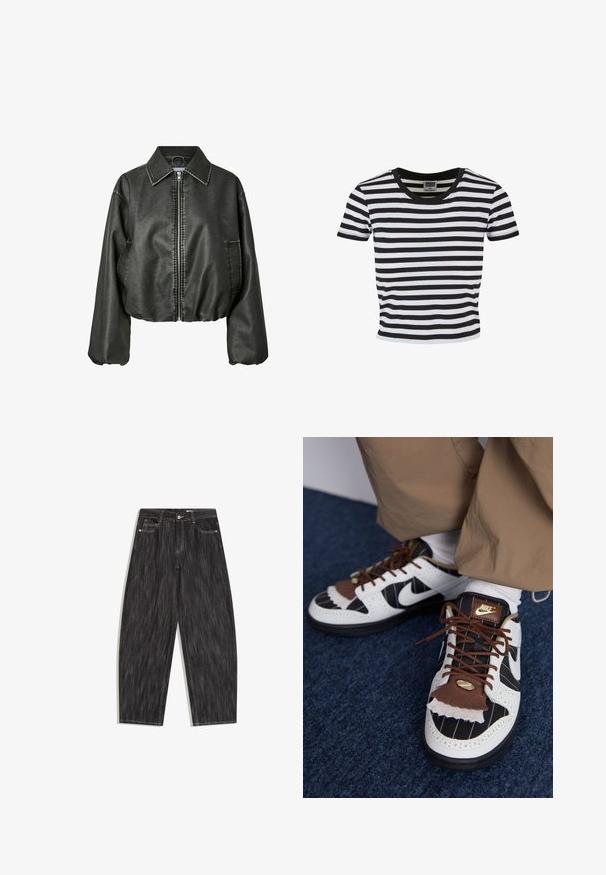 Sort cropped jakke i kunstlæder med lynlås foran, bred krave, lange ballonærmer og sidelommer, vist på hvid baggrund.; Stribet sort og hvid kortærmet t-shirt med rund halsudskæring, lavet af bomuldsjersey. Accentueret med en ensfarvet sort kant.; Sort denimjeans med vidde ben, fem-lomme design, synlige hvide syninger og knaplukning i taljen.; Nike sneakers med hvide, sorte og brune materialer. Har en tekstureret brun klaff, stribet design og traditionel snøring med guld accenter.