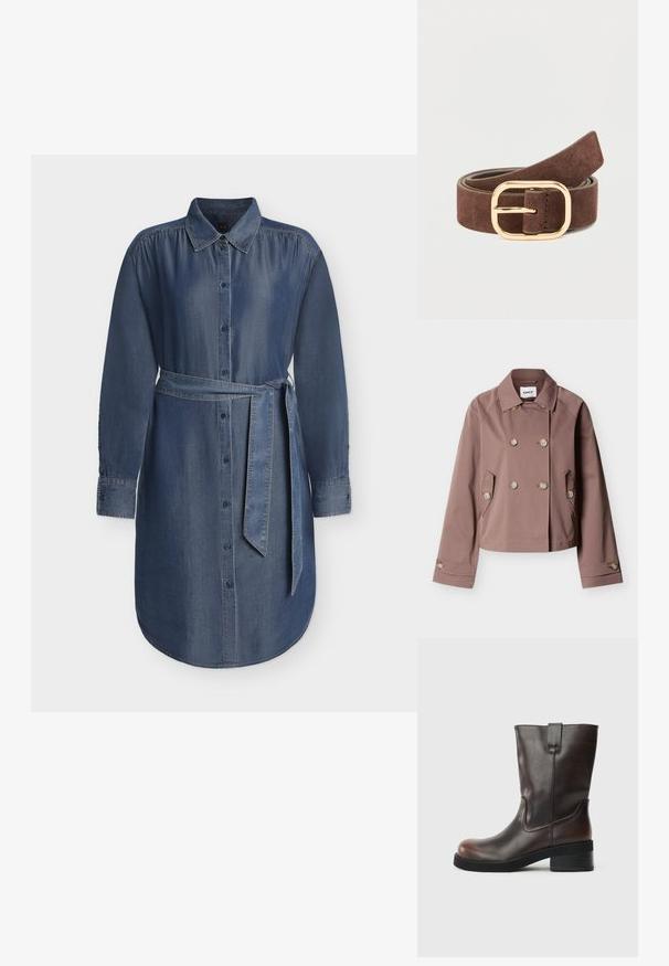 Brun dobbeltradet jakke med hakkrave, to forlommer, manchet med knapper og knapdetaljer foran og på ærmerne.; Blå denim kjole med lange ærmer, knapper foran, spids krave, justerbart bælte i taljen og knappede manchetter.; Brun læder ankelstøvle med en rund tå, mid-høj blokhæl og diskrete stikninger. Har en sideløkke for nem påklædning.; Brunt ruskindsbælte med en rektangulær spænde i guldmetal. Bæltet har en glat tekstur og er designet til at fastgøre i taljen.