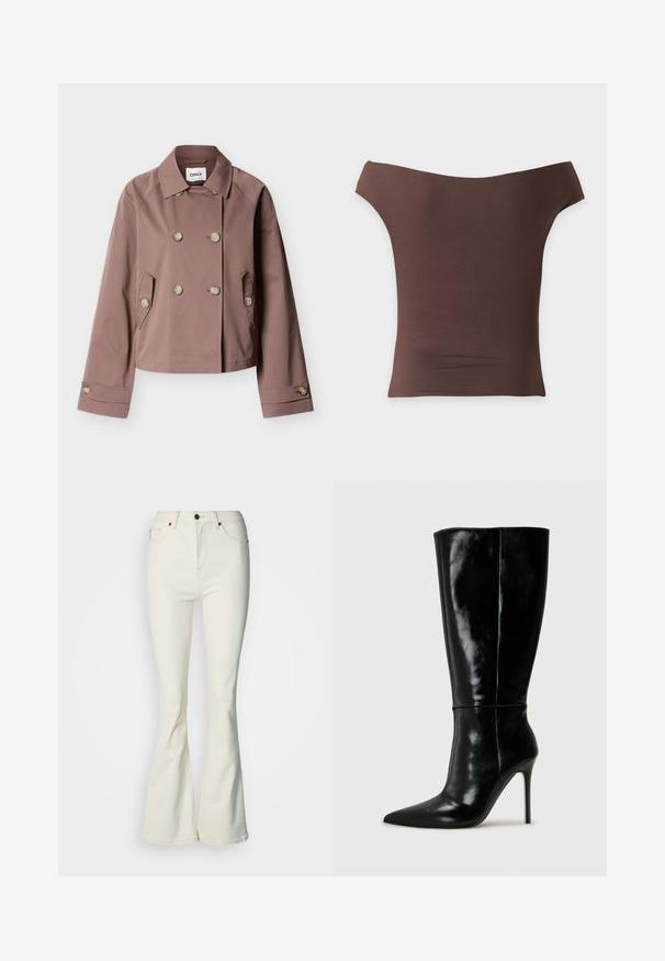 Veste marron croisée à col cranté, deux poches avant, poignets boutonnés, détails de boutons à l'avant et sur les manches.; Haut marron ajusté à épaules dénudées avec manches courtes et encolure droite sur fond blanc.; Jean blanc évasé en denim, doté d'une fermeture par bouton, de cinq poches et d'une texture lisse. Le modèle comprend une légère élasticité.; Bottes noires en cuir, hautes jusqu'au genou, avec un bout pointu et un talon aiguille haut. Texture lisse et design épuré, avec un minimum de détails.