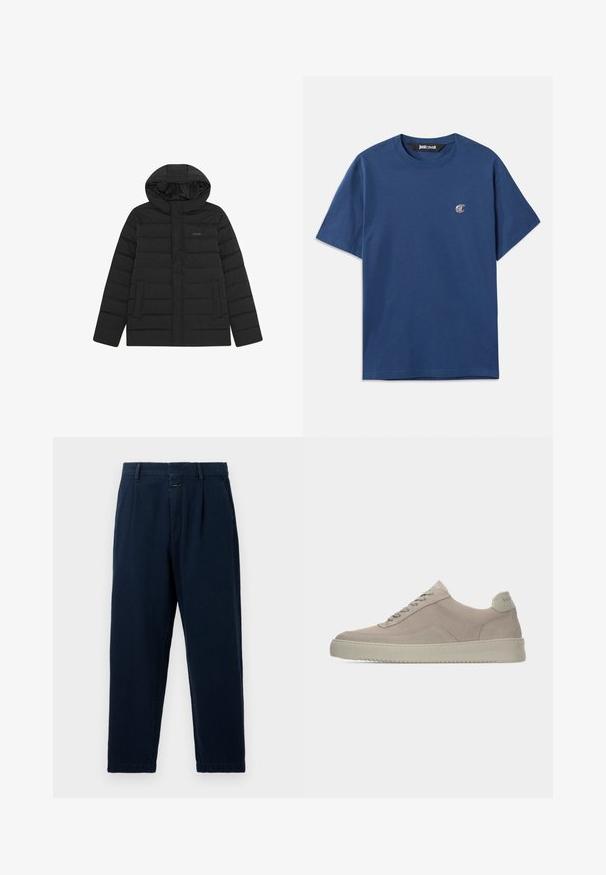 Sort pufferjakke med hætte, med quiltet design, glat overflade og to frontlommer. Diskret logo på brystet.; Marineblå bomulds t-shirt med rund hals, korte ærmer og et lille ovalt logo på venstre bryst. Glat tekstur, afslappet pasform.; CLOSED BLOMBERG - Baggy jeans - dark blue; Beige ruskindssneakers med en tekstureret finish, rund tå og tonale snørebånd. Har en tyk gummisål og diskret branding på hælen.