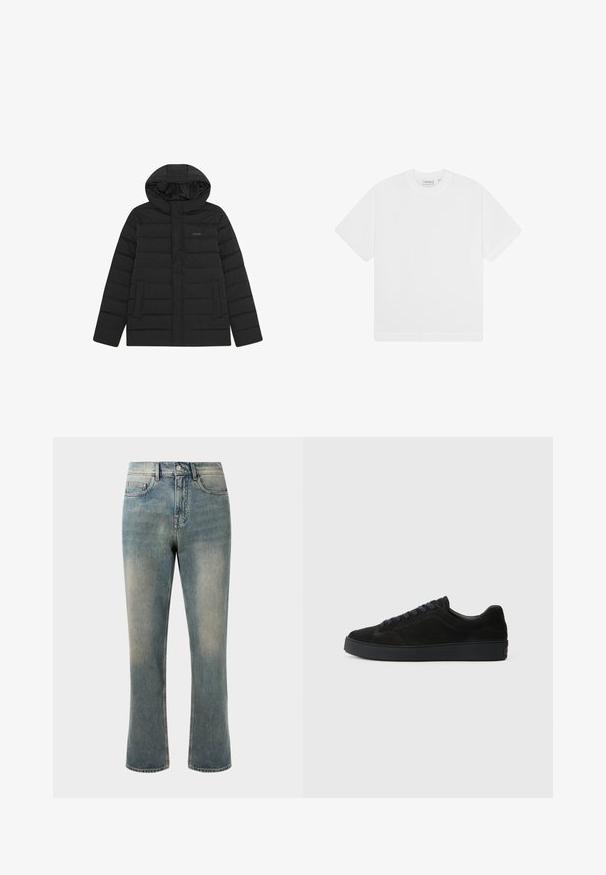 Schwarze Puffjacke mit Kapuze, mit einem gesteppten Design, glatter Oberfläche und zwei Vordertaschen. Dezentes Logo auf der Brust.; Weißes Baumwoll-T-Shirt mit rundem Halsauschnitt, kurzen Ärmeln und lockerem Schnitt. Glatte Textur, minimalistisches Design, keine sichtbaren Muster oder Akzente.; Hellblaue Denim-Jeans mit geradem Bein, mittelhoher Taille und subtilen Ausbleichungen. Verfügt über klassische Taschenstil und Kontrastnähte.; Schwarze Wildleder-Sneaker mit flacher, strukturierter Sohle, rundem Zehenbereich, sechs Ösen für Schnürsenkel und minimalistischen Design.
