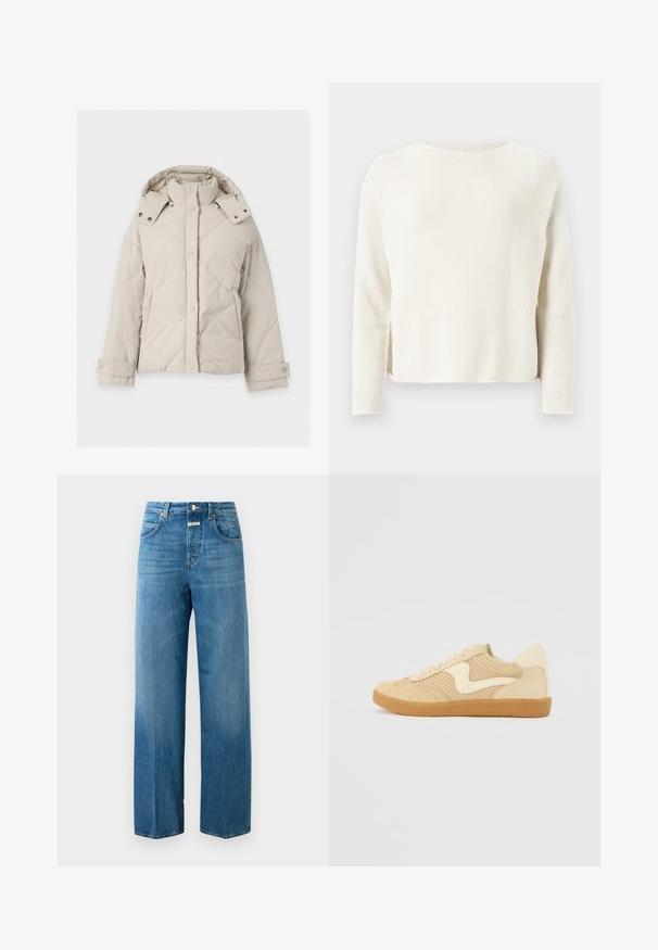 Beige pelsforet vinterjakke med høj krave, trykknapper foran, aftagelig hætte, sidelommer og justerbare manchetter.; Kremfarvet strikket langærmet sweater med rund halsudskæring og diskrete sideslidser, vist mod en lys grå baggrund.; Højtaljede lige ben blå denim jeans med for- og baglommer, knaplukning og bæltestropper på en hvid baggrund.; Beige sneakers med ruskind og mesh-materialer, rund form, fremtrædende polstret krave og en gummikondisko. Har et bølge-design som accent.