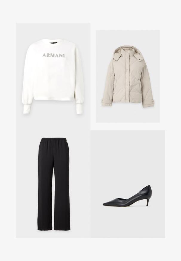 Doudoune beige avec col montant, boutons-pression sur le devant, capuche amovible, poches latérales et poignets ajustables.; Sweat-shirt blanc avec poignets côtelés et encolure arrondie. "ARMANI" en paillettes argentées sur la poitrine. Tissu doux, coupe courte.; Pantalon noir à jambes larges avec taille élastique, design simple, présenté sur un fond blanc uni.; Escarpin en cuir noir avec un bout pointu et un talon bas. Présente une texture lisse et un éclat subtil. Découpe ouverte à l'avant pour un détail supplémentaire.