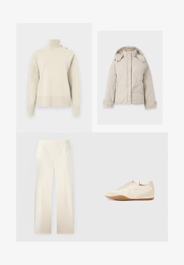 Doudoune beige avec col montant, boutons-pression sur le devant, capuche amovible, poches latérales et poignets ajustables.; Pull à col roulé côtelé beige avec manches longues et trois boutons décoratifs sur l'épaule gauche.; Pantalon large écru avec taille élastique et subtils détails de couture à l'avant, présenté sur fond uni.; Baskets beige clair avec une tige en cuir texturé, des panneaux latéraux texturés et une semelle en caoutchouc. Dotées d'un design fin et épuré ainsi que de lacets plats.
